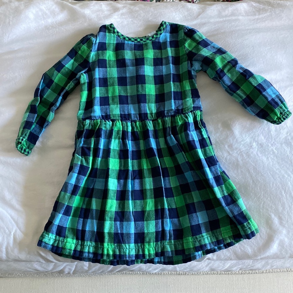 Primary blue/green flannel dress, size 4-5